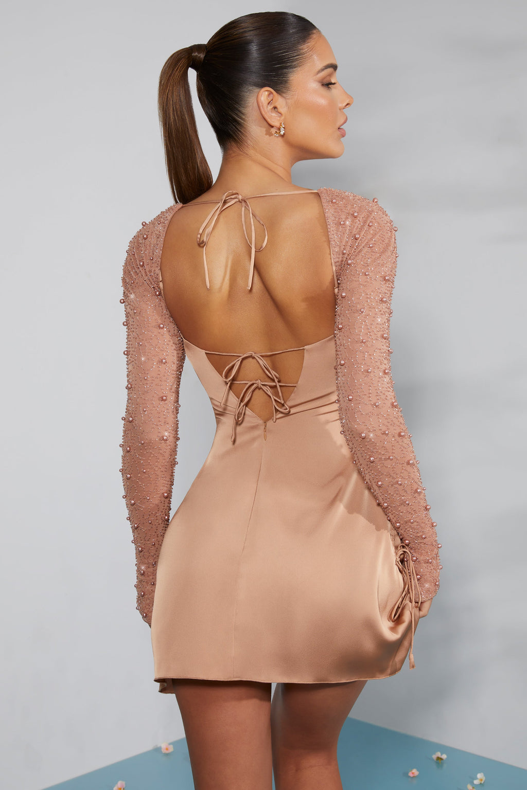Chic Long Sleeve Embellished A-line Mini Dress in Beige