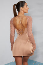 Chic Long Sleeve Embellished A-line Mini Dress in Beige