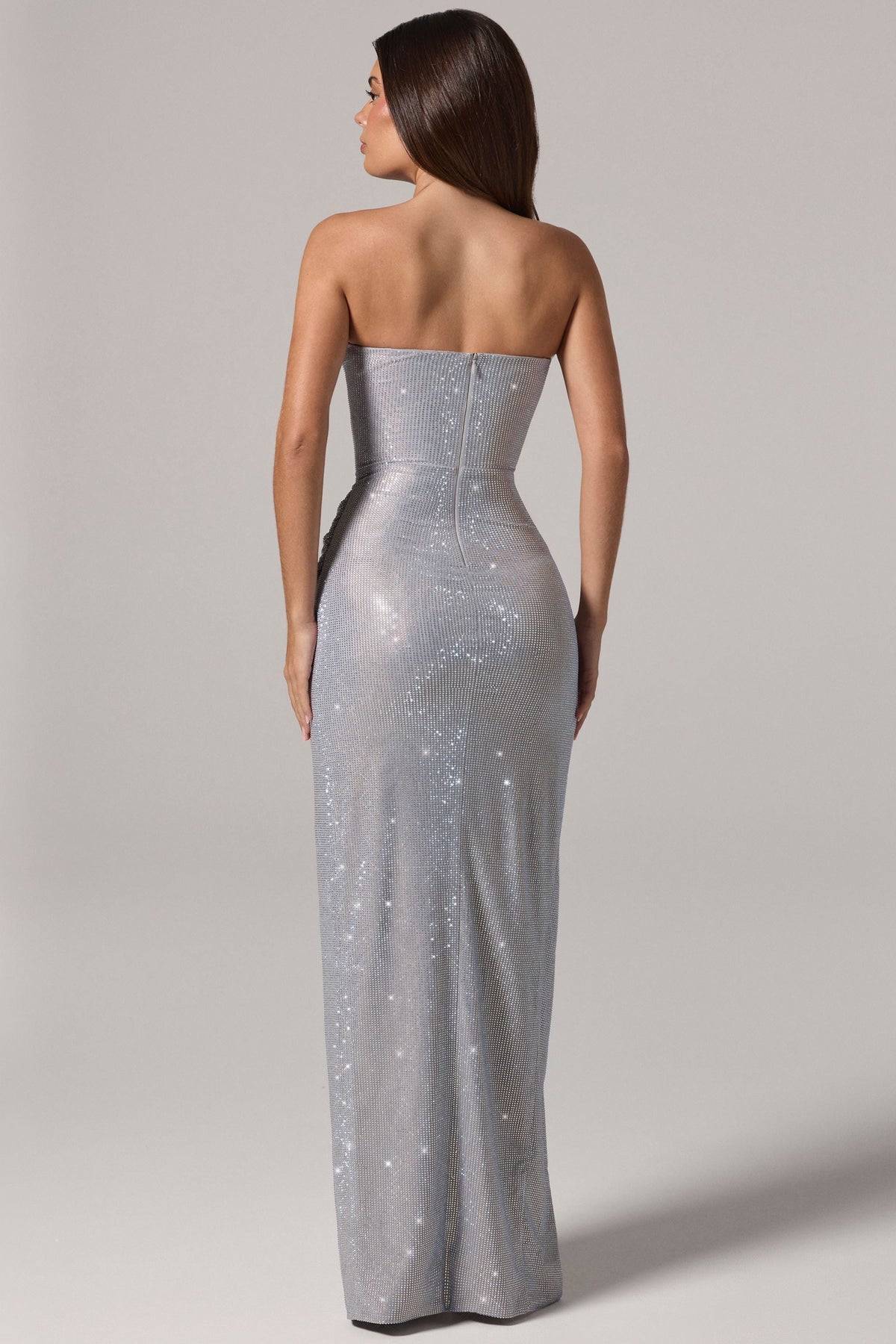 Chic Embellished Bandeau Cowl-Waist Maxi Dress in Frost
