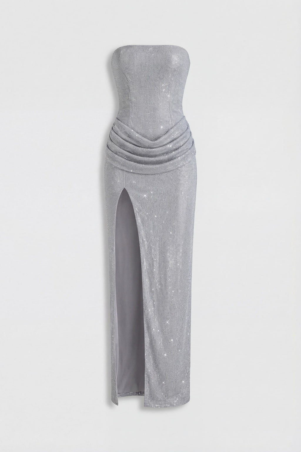 Chic Embellished Bandeau Cowl-Waist Maxi Dress in Frost