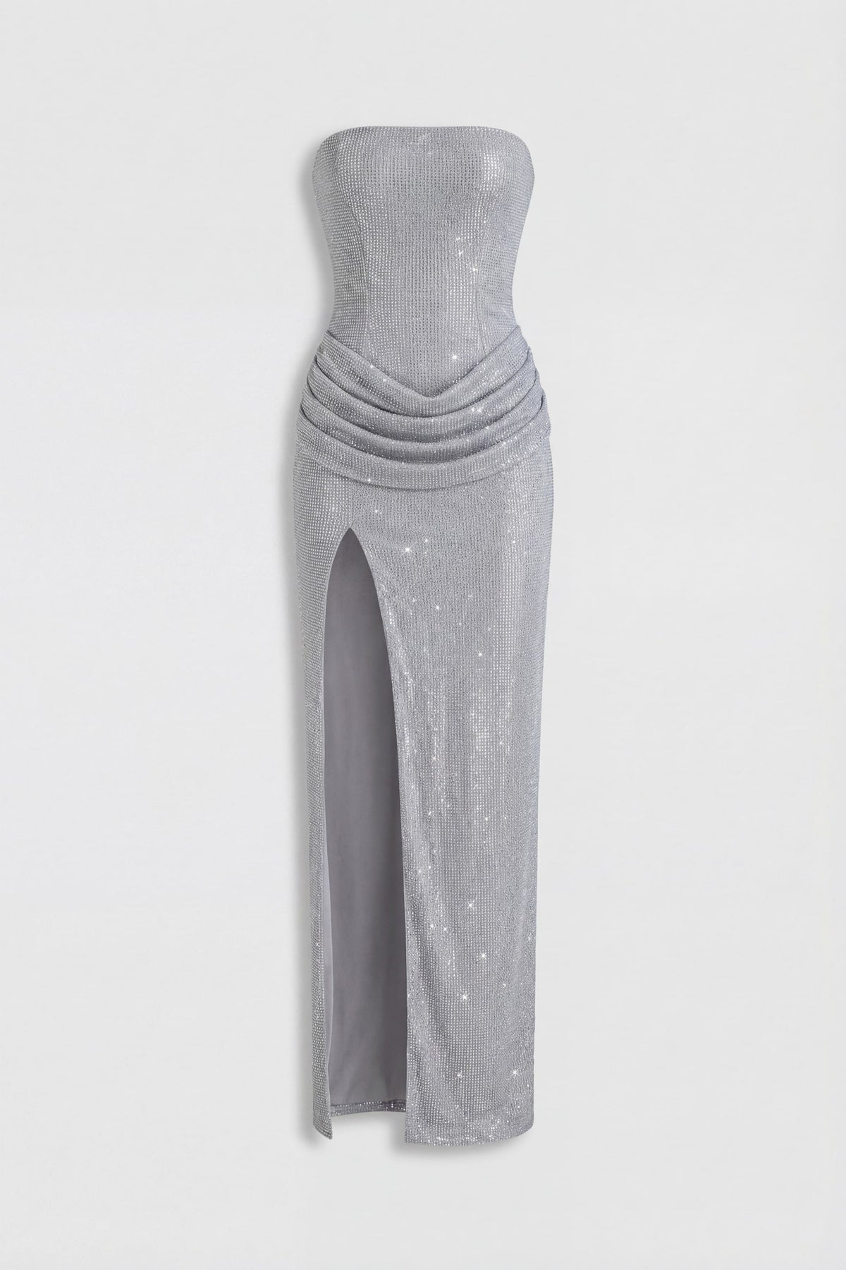 Chic Embellished Bandeau Cowl-Waist Maxi Dress in Frost