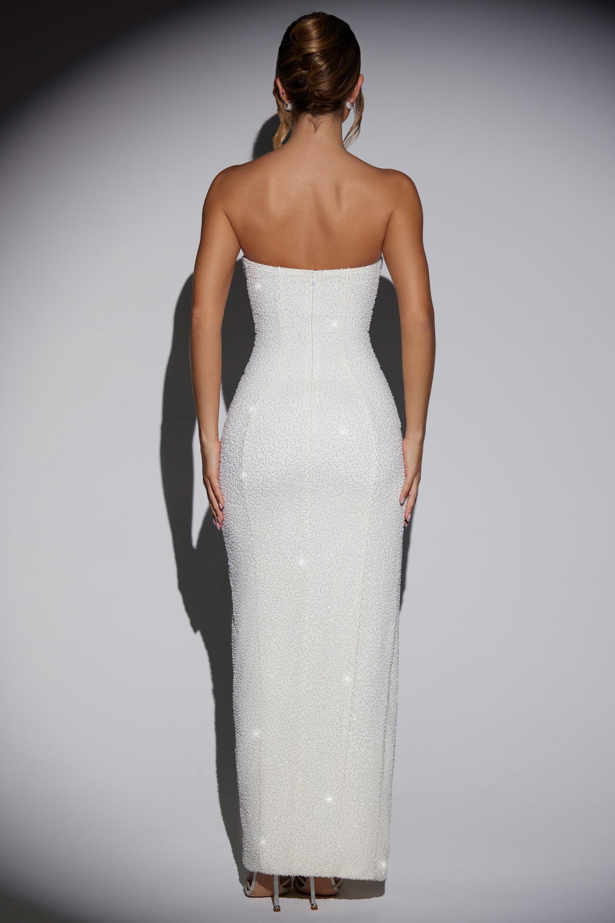 Chic Embellished Bandeau Cowl Neck Maxi Dress in Snow