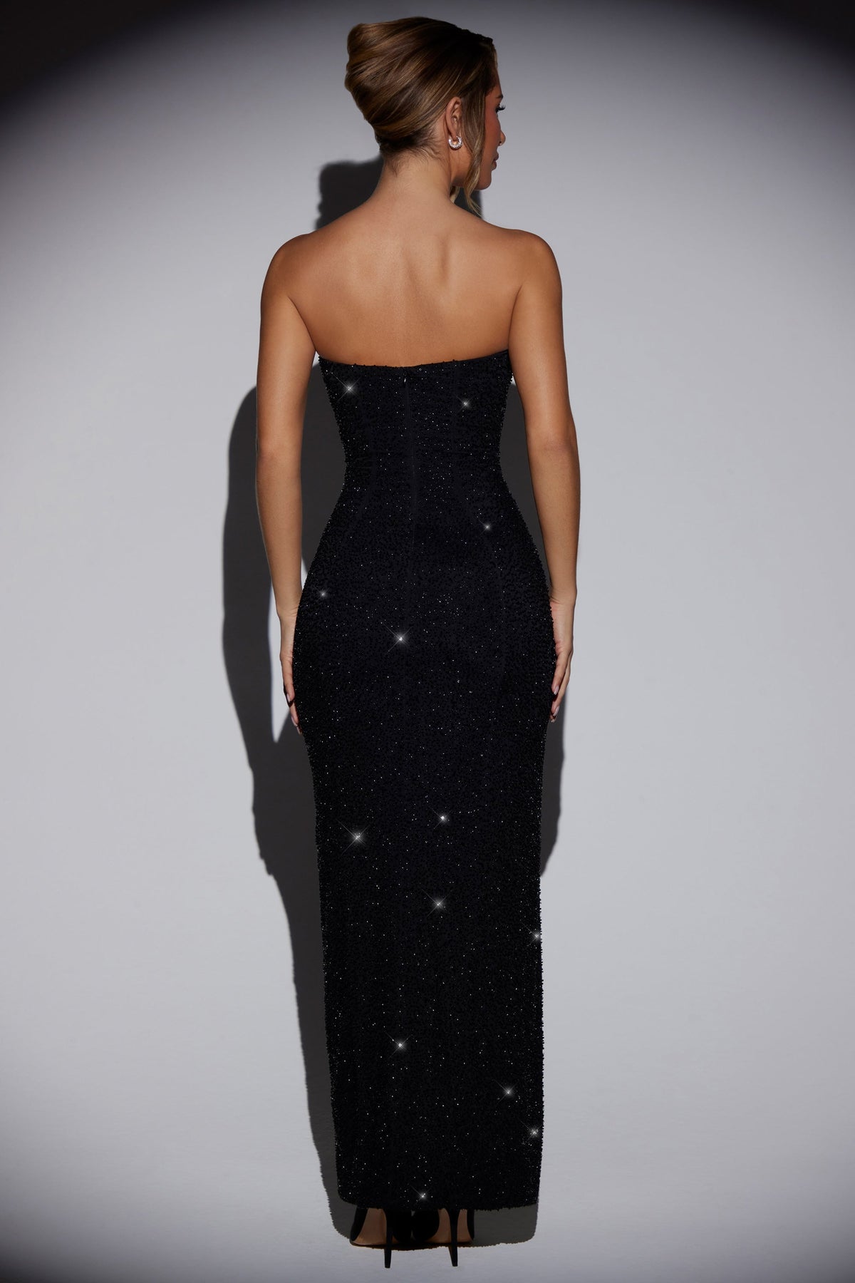 Chic Embellished Bandeau Cowl Neck Maxi Dress in Black