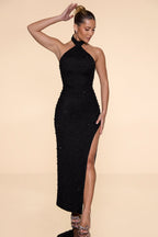 Chic Embellished High Neck Split Maxi Dress in Black