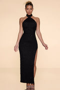 Chic Embellished High Neck Split Maxi Dress in Black