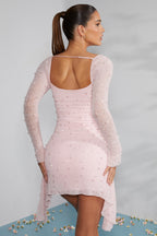 Chic Long Sleeve Embellished Cowl Neck Mini Dress in Blush