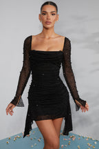 Chic Long Sleeve Embellished Cowl Neck Mini Dress in Black