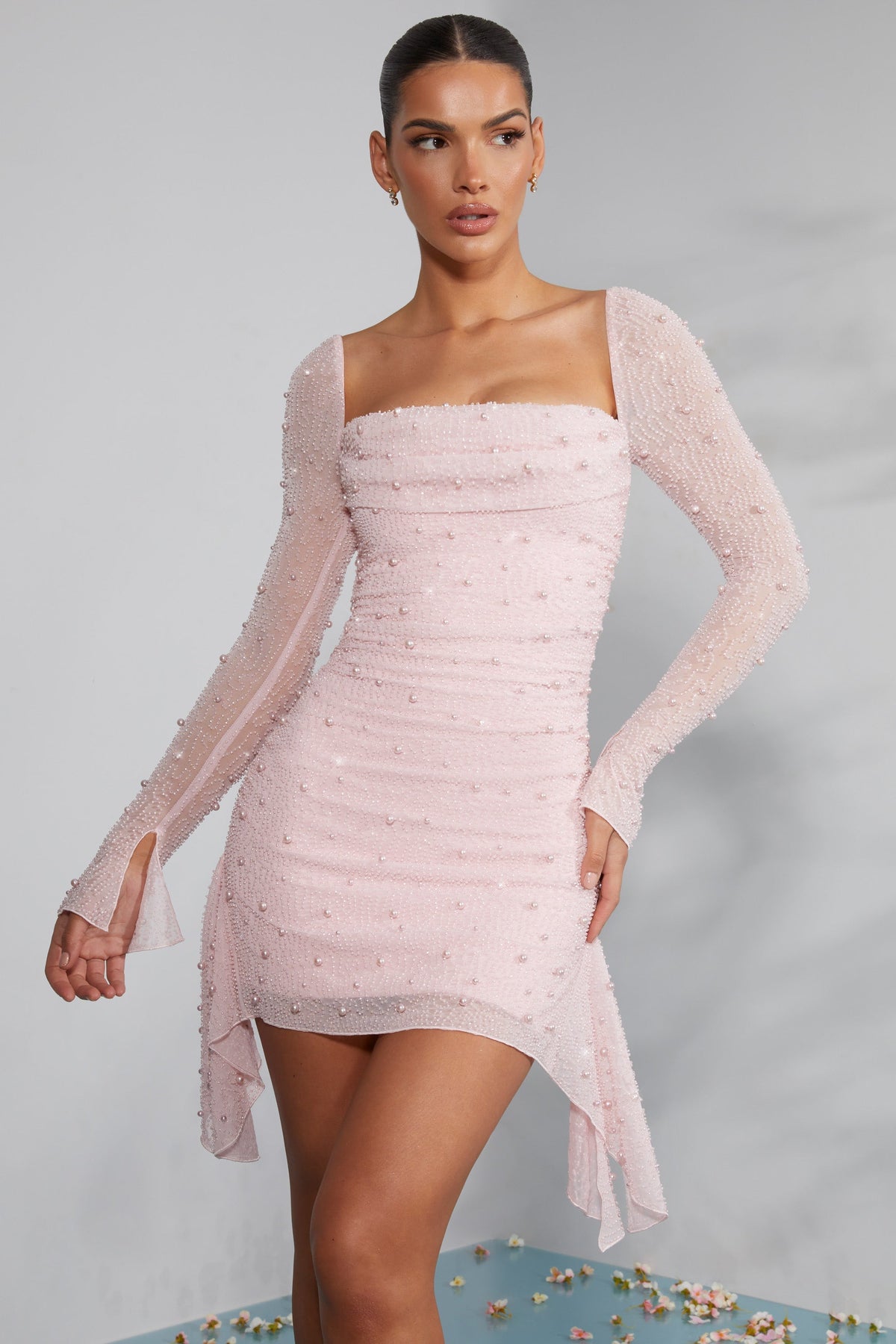 Chic Long Sleeve Embellished Cowl Neck Mini Dress in Blush