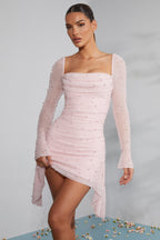 Chic Long Sleeve Embellished Cowl Neck Mini Dress in Blush