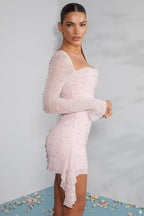 Chic Long Sleeve Embellished Cowl Neck Mini Dress in Blush