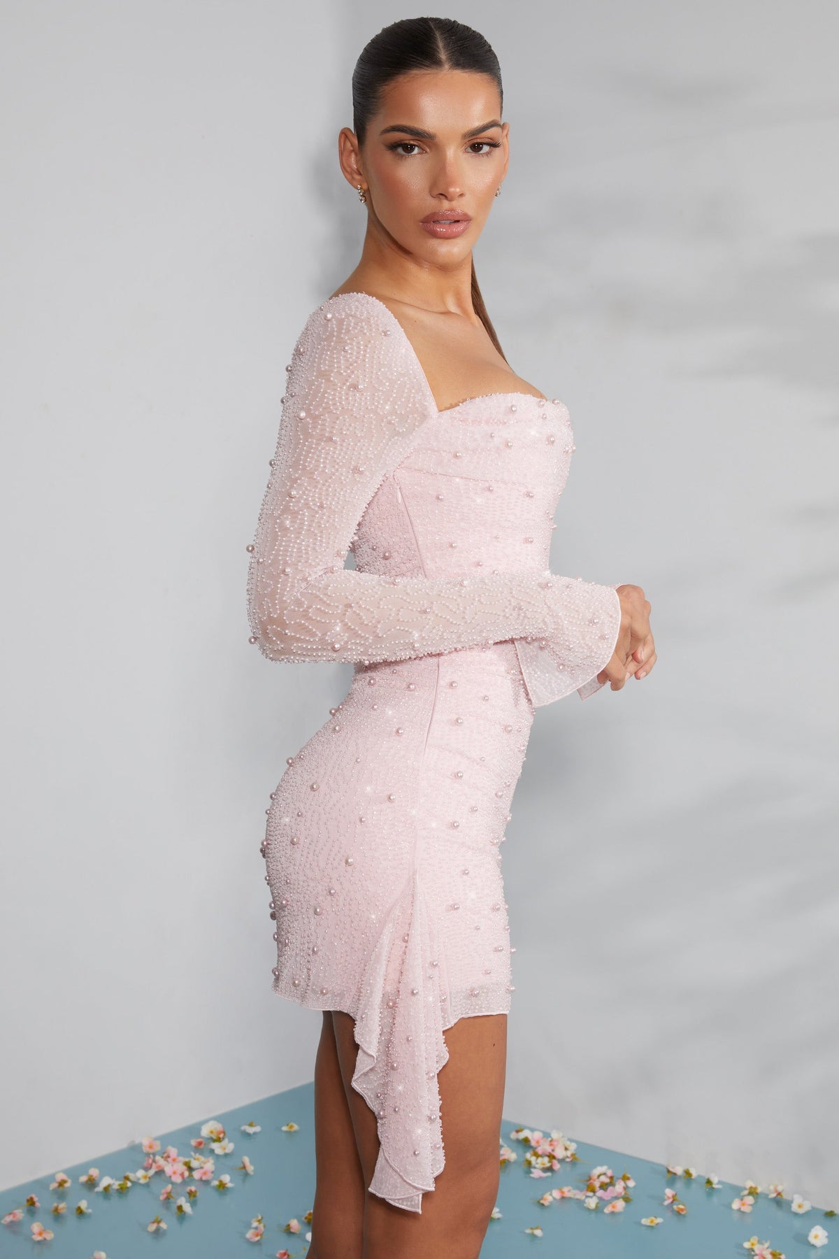 Chic Long Sleeve Embellished Cowl Neck Mini Dress in Blush
