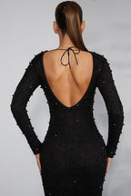 Chic Long Sleeve Embellished Backless Maxi Dress in Black