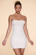 Chic Embellished Strapless Cowl Neck Mini Dress in Snow