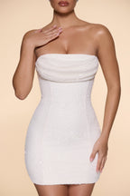 Chic Embellished Strapless Cowl Neck Mini Dress in Snow