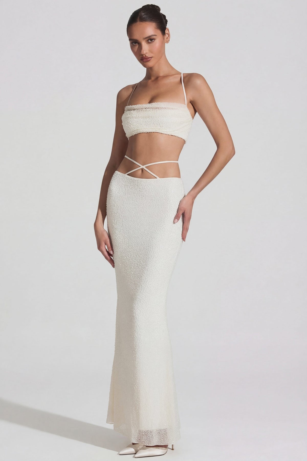 Chic Embellished Cross Back Crop Top in White