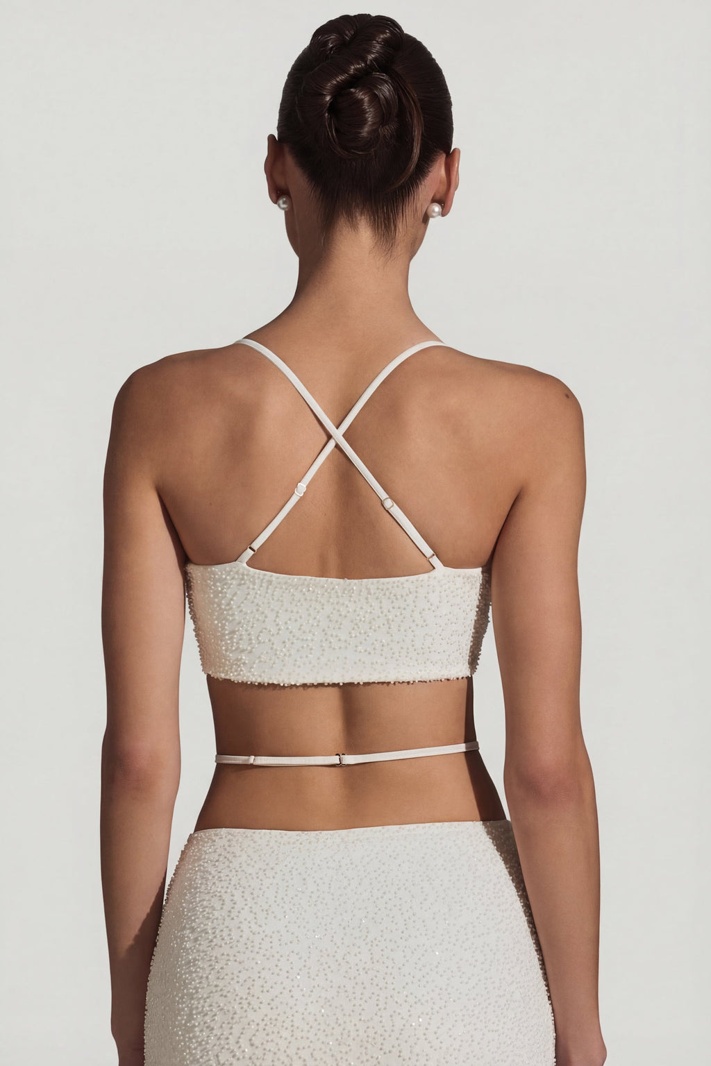 Chic Embellished Cross Back Crop Top in White