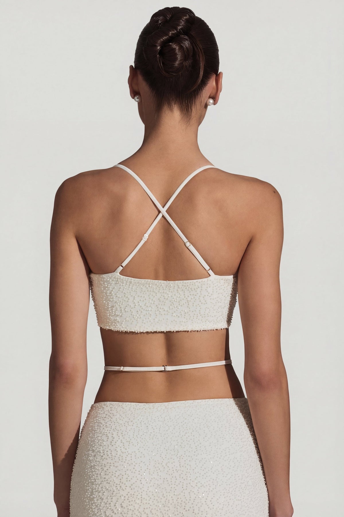 Chic Embellished Cross Back Crop Top in White