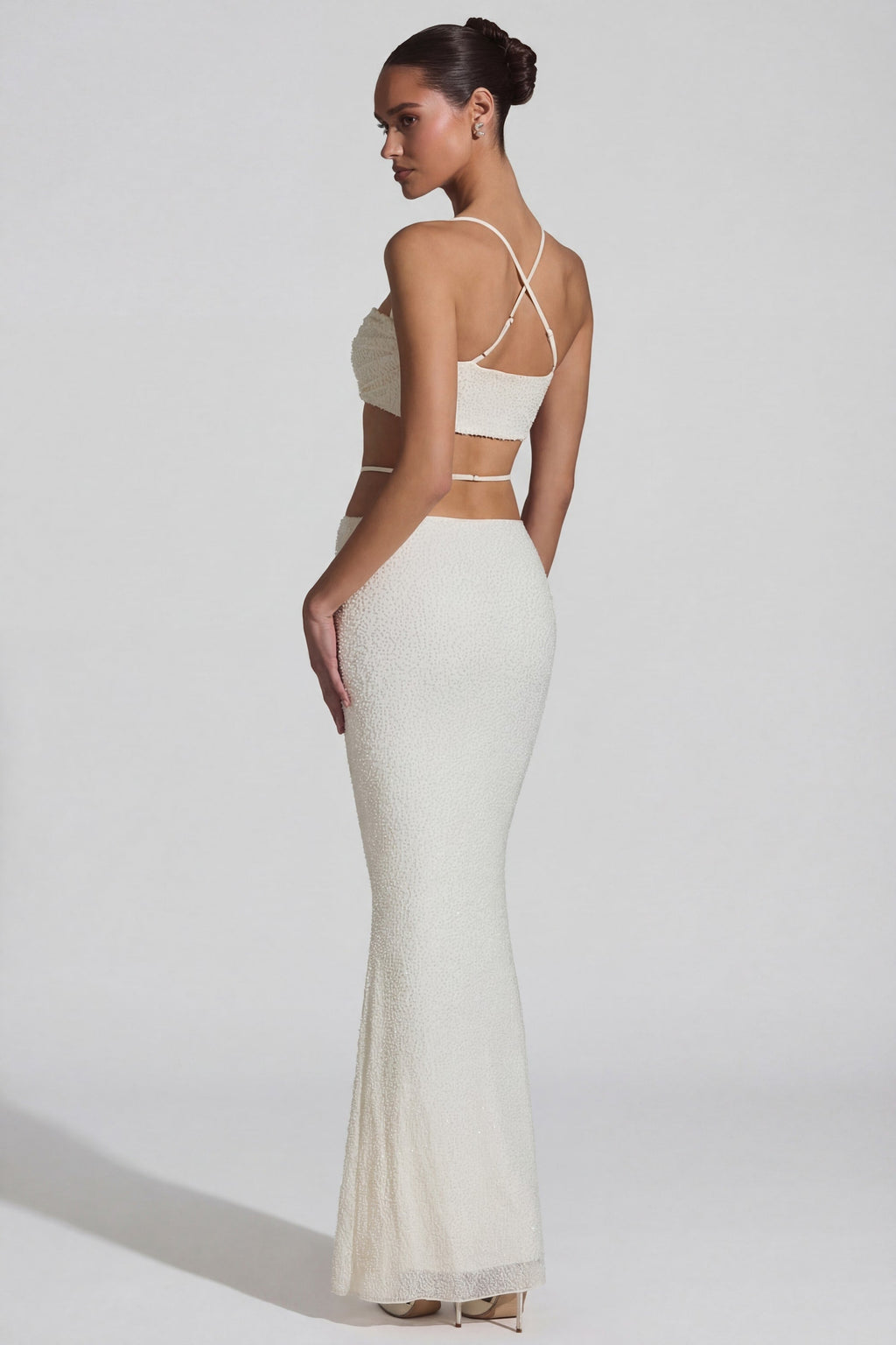 Chic Embellished Cross Back Crop Top in White