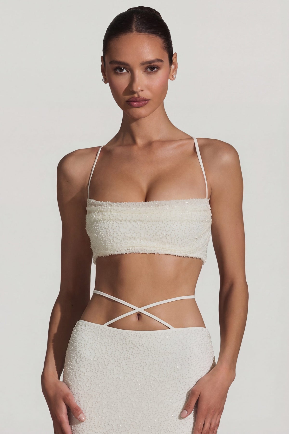 Chic Embellished Cross Back Crop Top in White