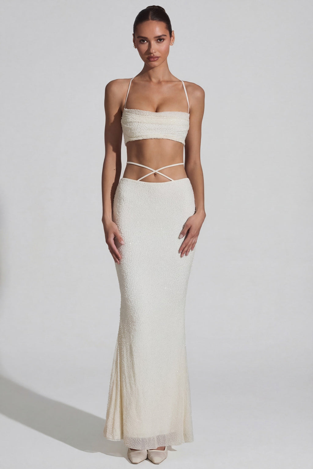 Chic Embellished Cross Back Crop Top in White