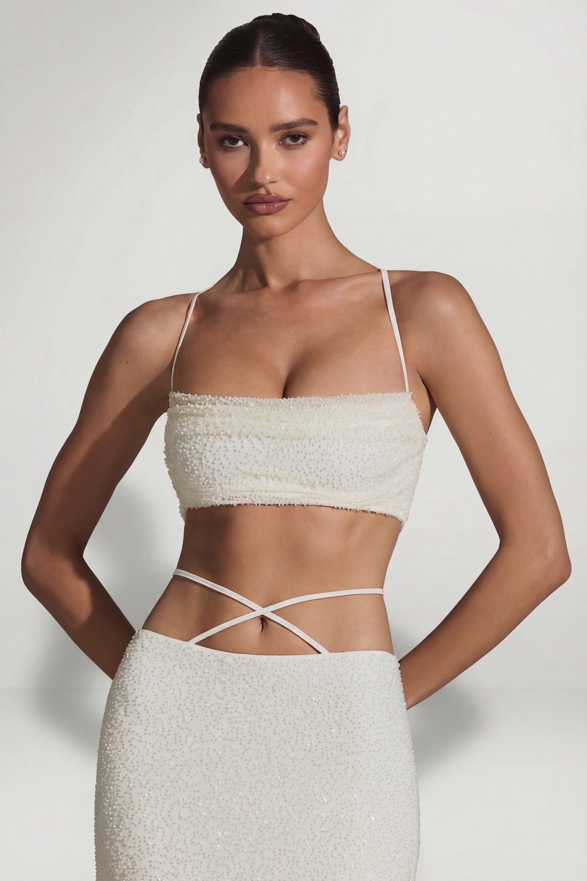 Chic Embellished Cross Back Crop Top in White