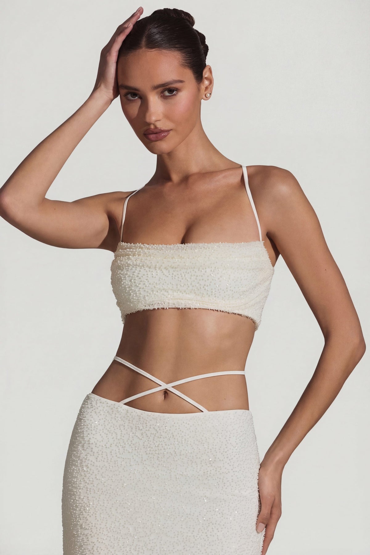 Chic Embellished Cross Back Crop Top in White