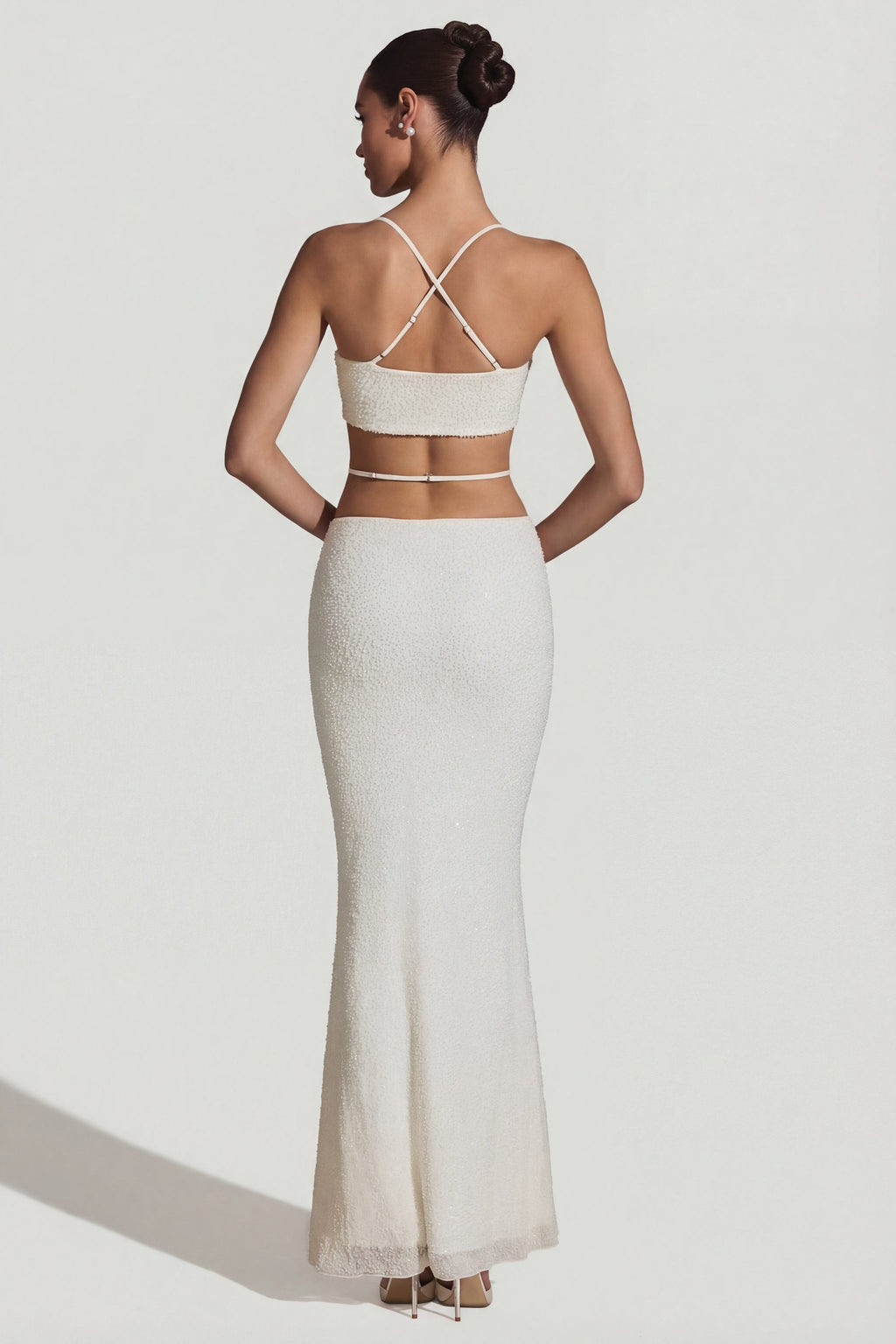 Chic Embellished Cross Back Crop Top in White