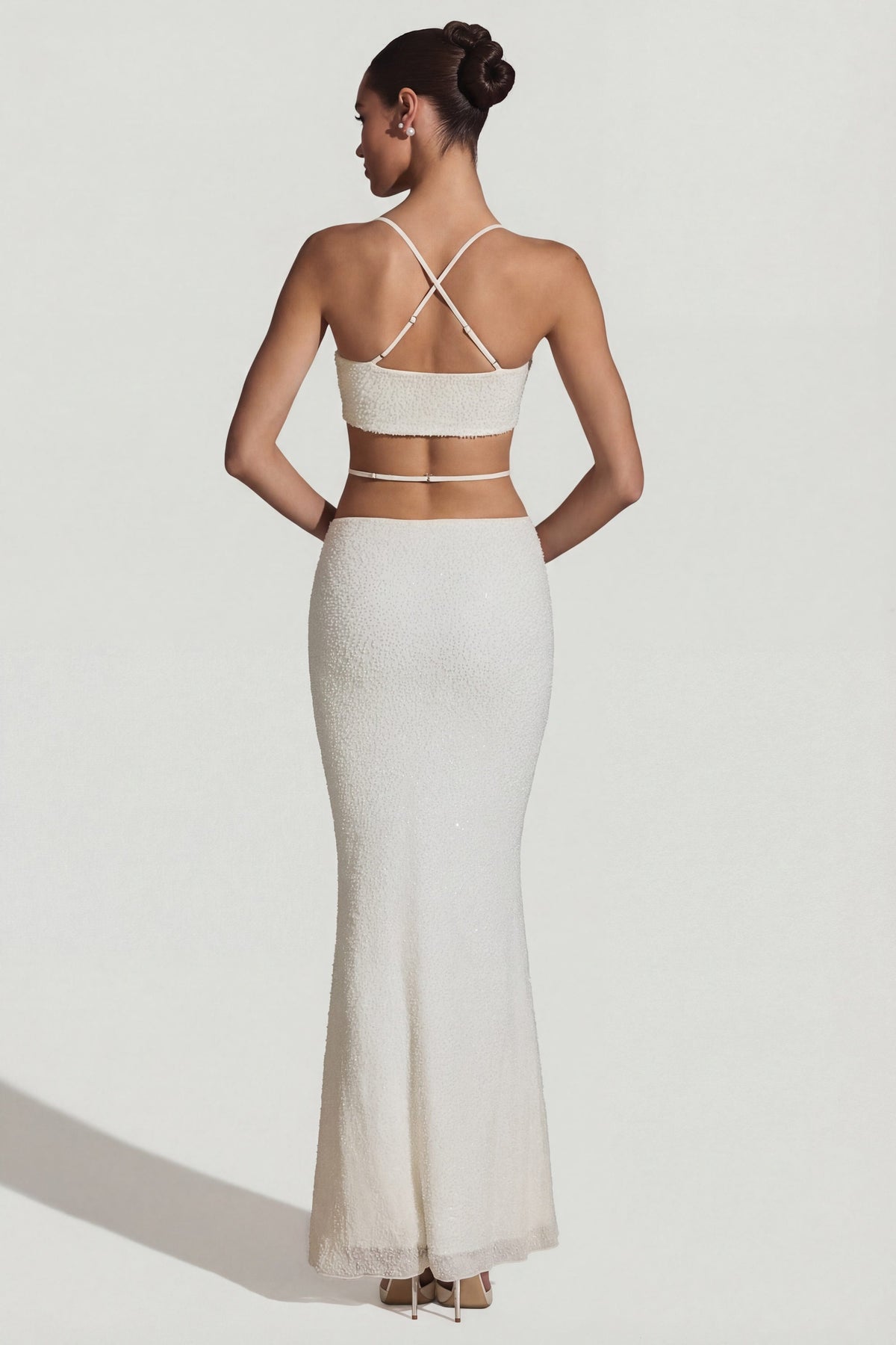 Chic Embellished Cross Back Crop Top in White
