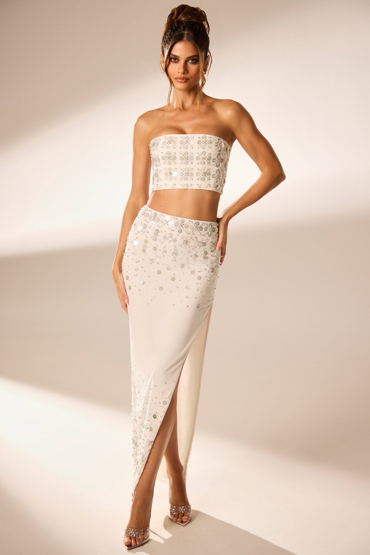 Chic Hand Embellished Maxi Skirt in Ivory
