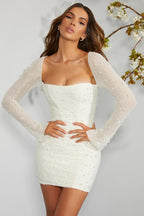 Chic Long Sleeve Embellished Corset Mini Dress in Ivory