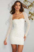 Chic Long Sleeve Embellished Corset Mini Dress in Ivory