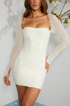 Chic Long Sleeve Embellished Corset Mini Dress in Ivory