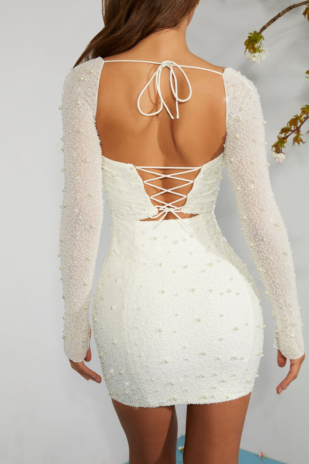 Chic Long Sleeve Embellished Corset Mini Dress in Ivory