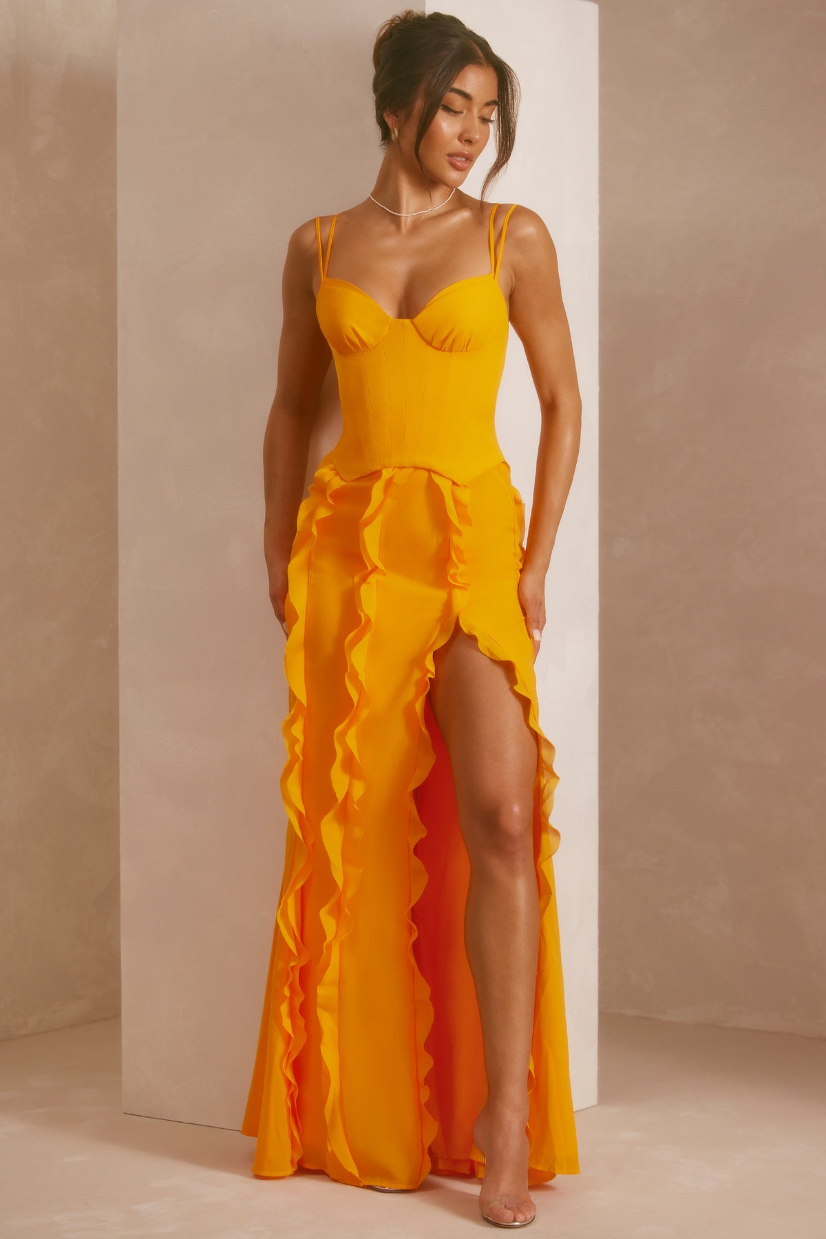 Chic Corset Frill Skirt Maxi Dress in Tangerine