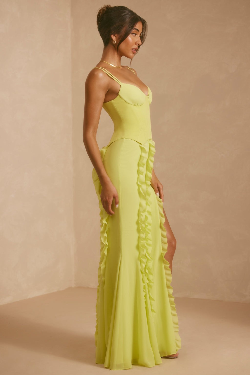 Chic Corset Frill Skirt Maxi Dress in Lime Green