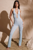 Chic Embellished Plunge Neck Jumpsuit in Aqua