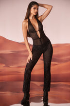 Chic Embellished Plunge Neck Jumpsuit in Black