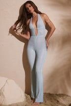Chic Embellished Plunge Neck Jumpsuit in Aqua