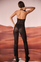 Chic Embellished Plunge Neck Jumpsuit in Black