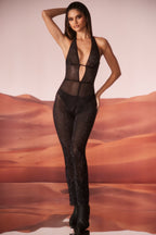 Chic Embellished Plunge Neck Jumpsuit in Black