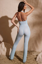 Chic Embellished Plunge Neck Jumpsuit in Aqua