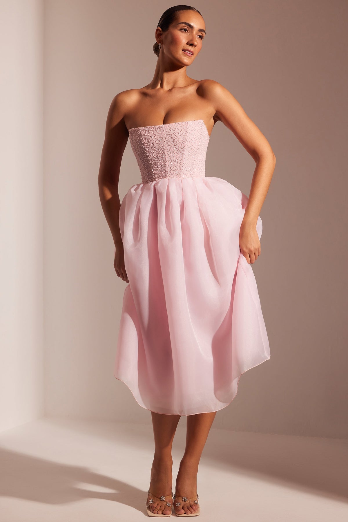 Chic Embellished Corset Tulle Skirt Midi Dress in Blush