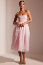 Chic Embellished Corset Tulle Skirt Midi Dress in Blush
