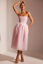 Chic Embellished Corset Tulle Skirt Midi Dress in Blush