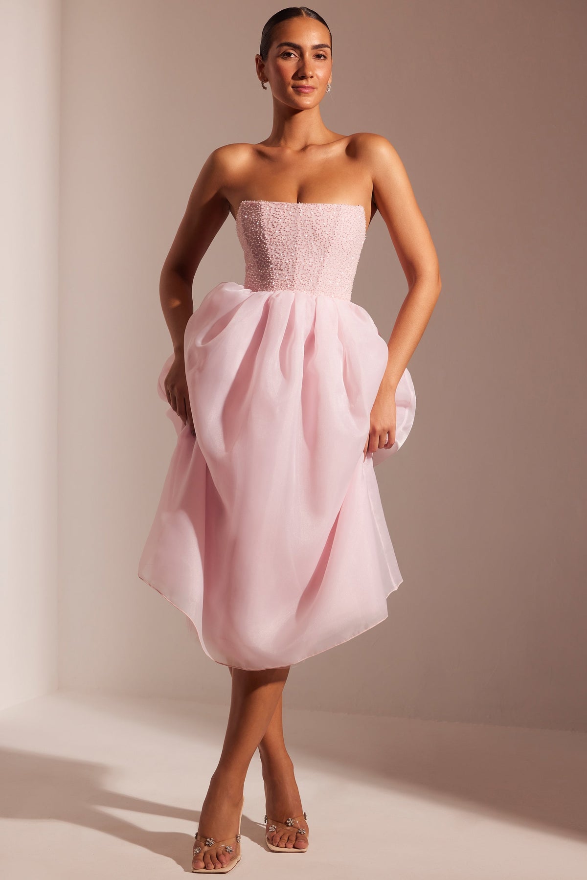 Chic Embellished Corset Tulle Skirt Midi Dress in Blush