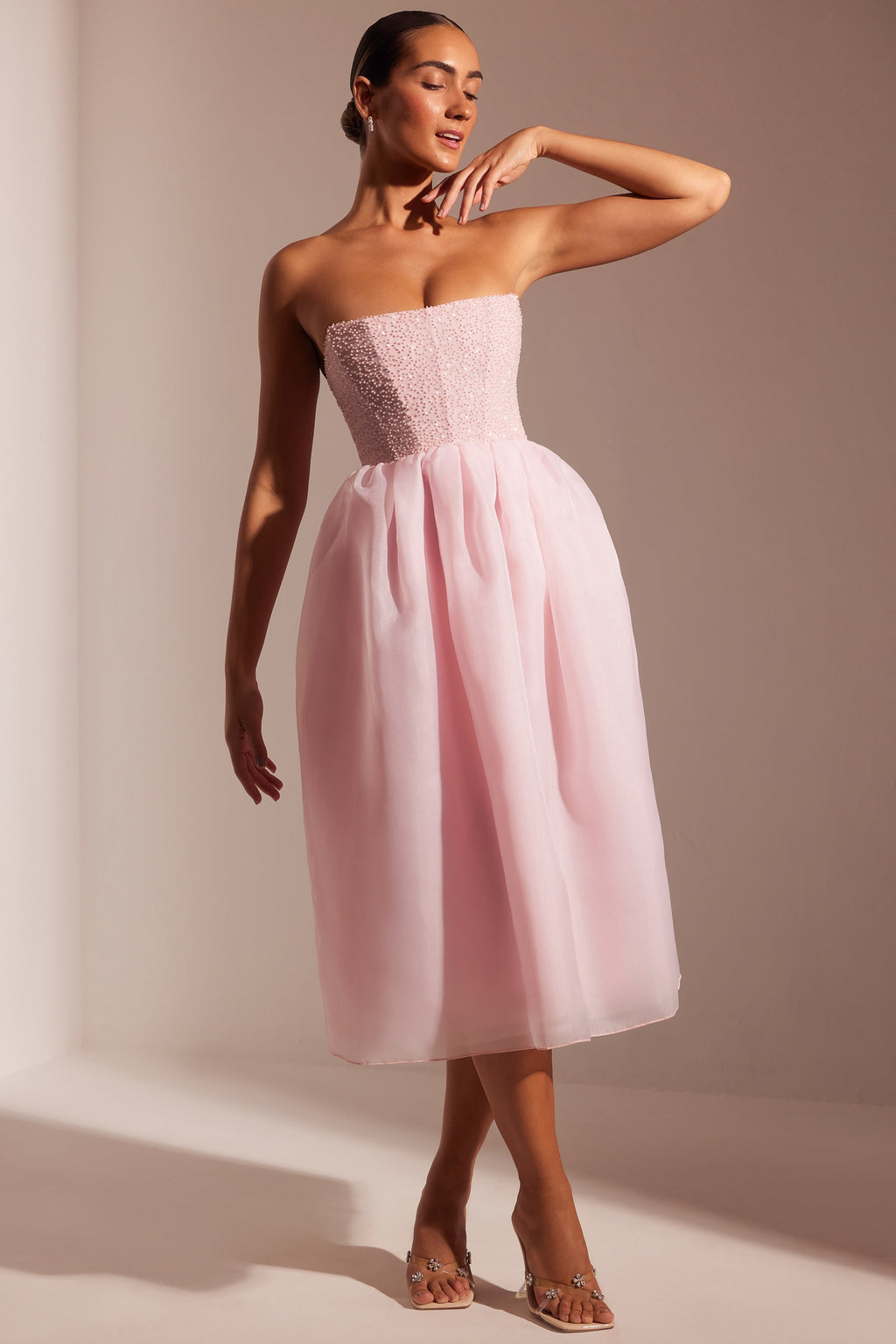 Chic Embellished Corset Tulle Skirt Midi Dress in Blush
