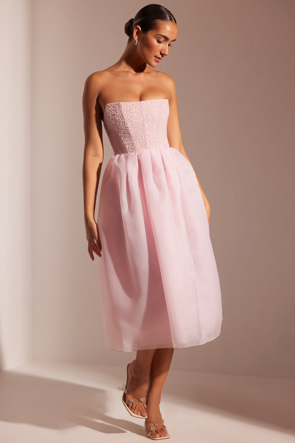 Chic Embellished Corset Tulle Skirt Midi Dress in Blush