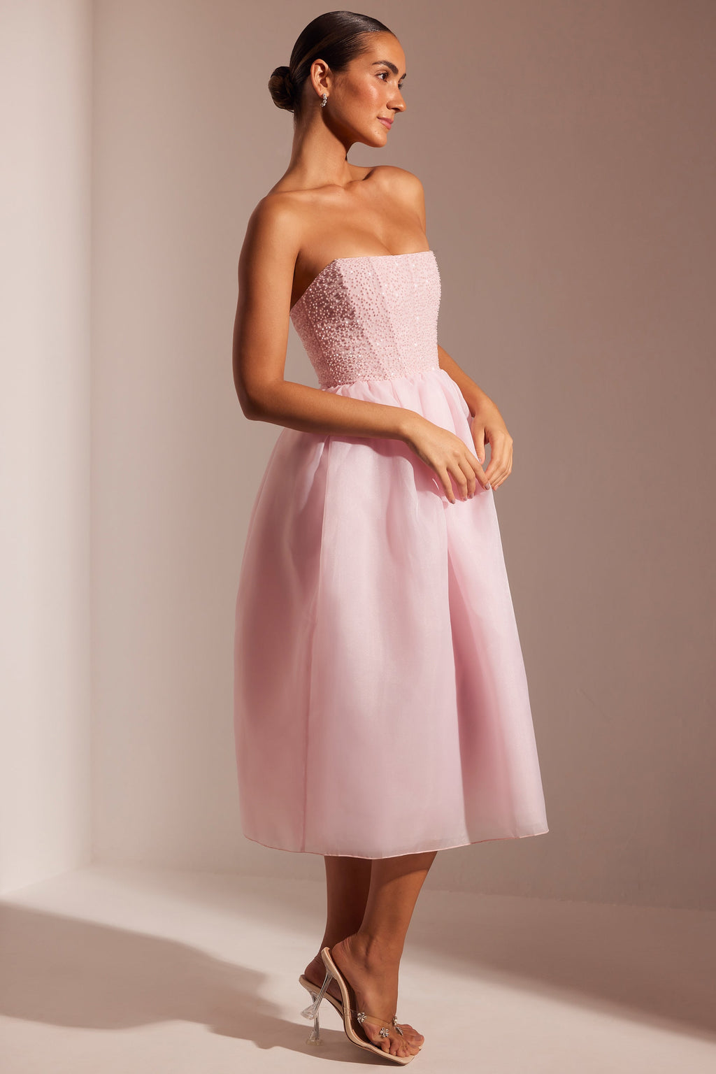 Chic Embellished Corset Tulle Skirt Midi Dress in Blush