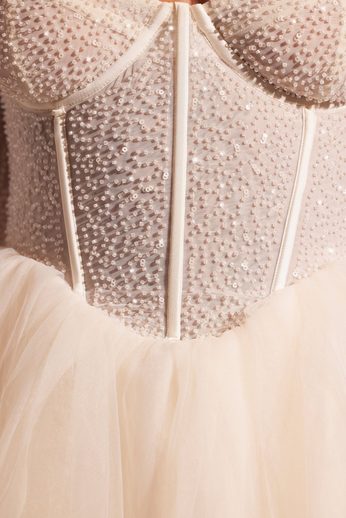 Chic Embellished Long Sleeve Tulle Skirt Mini Dress in Ivory