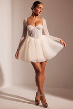 Chic Embellished Long Sleeve Tulle Skirt Mini Dress in Ivory